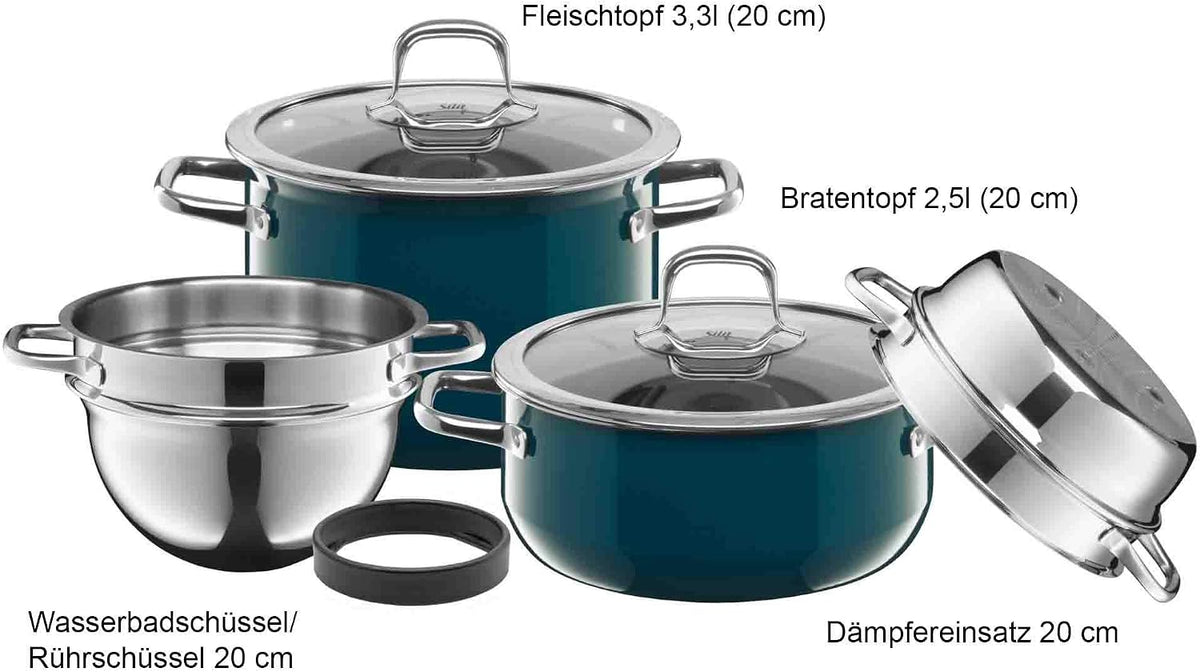 Juego de ollas Silit Compact, 4 piezas, apto para inducción, set de ollas con tapa de cristal, cerámica funcional Silargan, ollas para inducción sin níquel, color petróleo