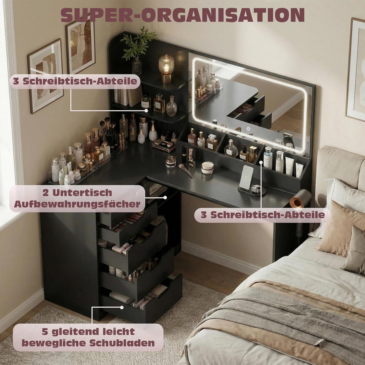 JUMMICO Schminktisch mit Spiegel und Licht, Eck Schminktisch L Hocker mit Beleuchtung LED 3 Farben, Make Up Table 120 breit mit 5 Schubladen und Steckdosen, Schwarz