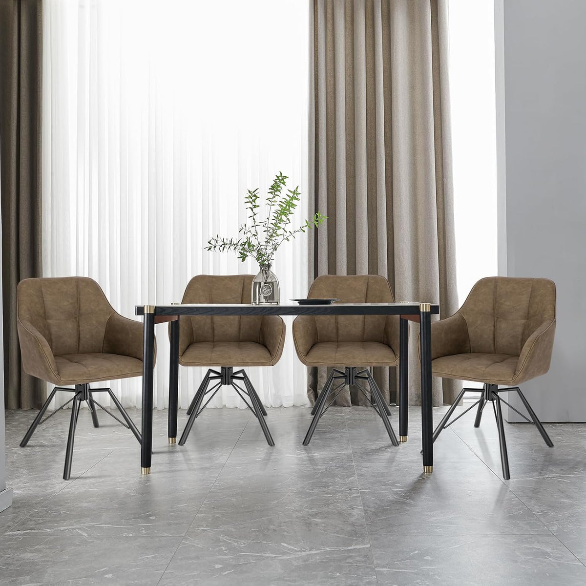 WOLTU Juego de 4 sillas de comedor giratorias, silla de cocina, silla tapizada, silla giratoria, silla cómoda con reposabrazos y respaldo, silla con reposabrazos para comedor y salón, con tapizado de piel sintética, marrón