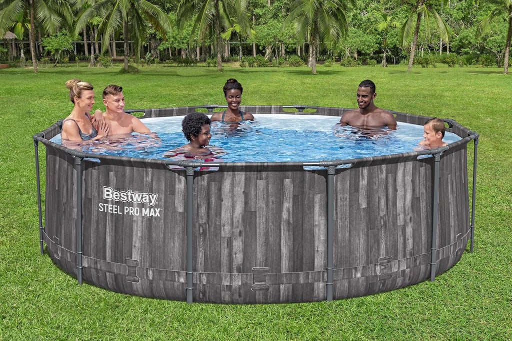 Set de piscina con estructura Bestway Steel Pro MAX con bomba de filtro Ø 366 x 100 cm, efecto madera (roble pantanoso), redonda