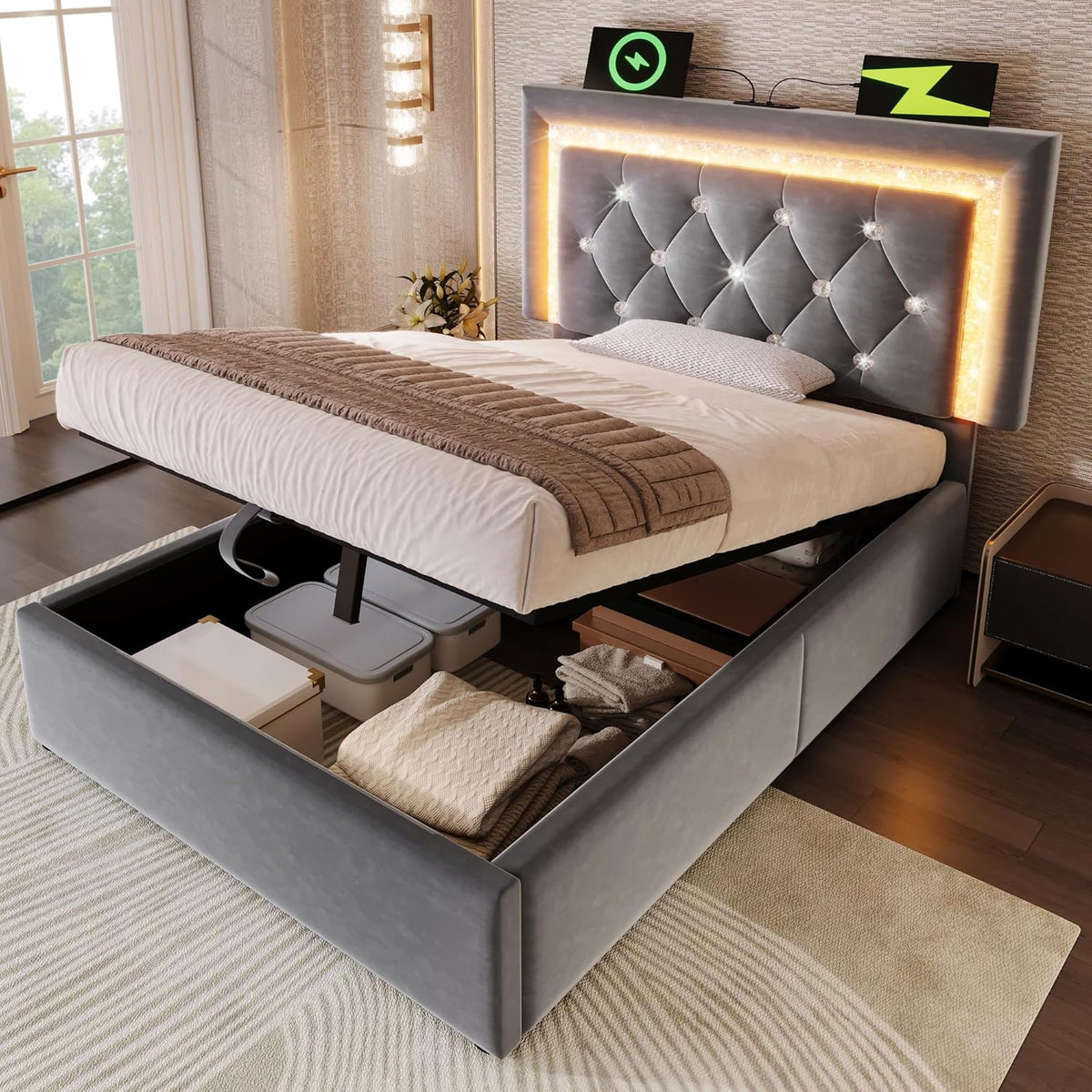 Cama tapizada individual 90x200cm con cabecero LED, estación de carga USB y tipo C, canapé hidráulico con espacio de almacenamiento, cama juvenil moderna con somier, terciopelo (gris, 90x2 00cm)