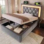 Cama tapizada individual 90x200cm con cabecero LED, estación de carga USB y tipo C, canapé hidráulico con espacio de almacenamiento, cama juvenil moderna con somier, terciopelo (gris, 90x2 00cm)