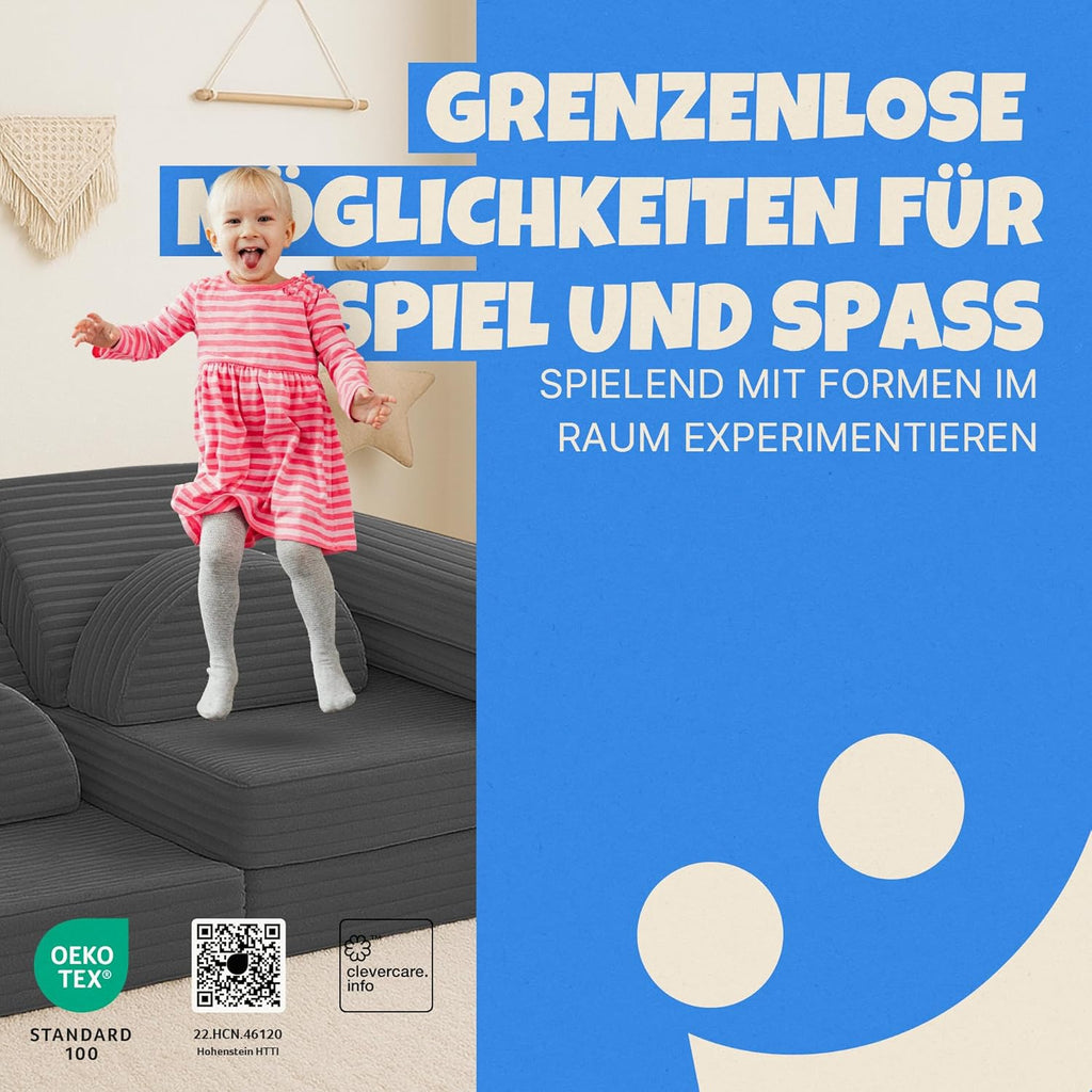 Bestlivings Spielsofa Kinder 11-teilig Bezug (Anthrazit) aus Flanell-Cord – Modulare Spielcouch für kreatives Bauen im Kinderzimmer, formstabil und erweiterbar | ÖKO-Tex Standard 100, Füllung: mittelfest, Bezug abnehmbar, 11 tlg. modular, Atmungsakti