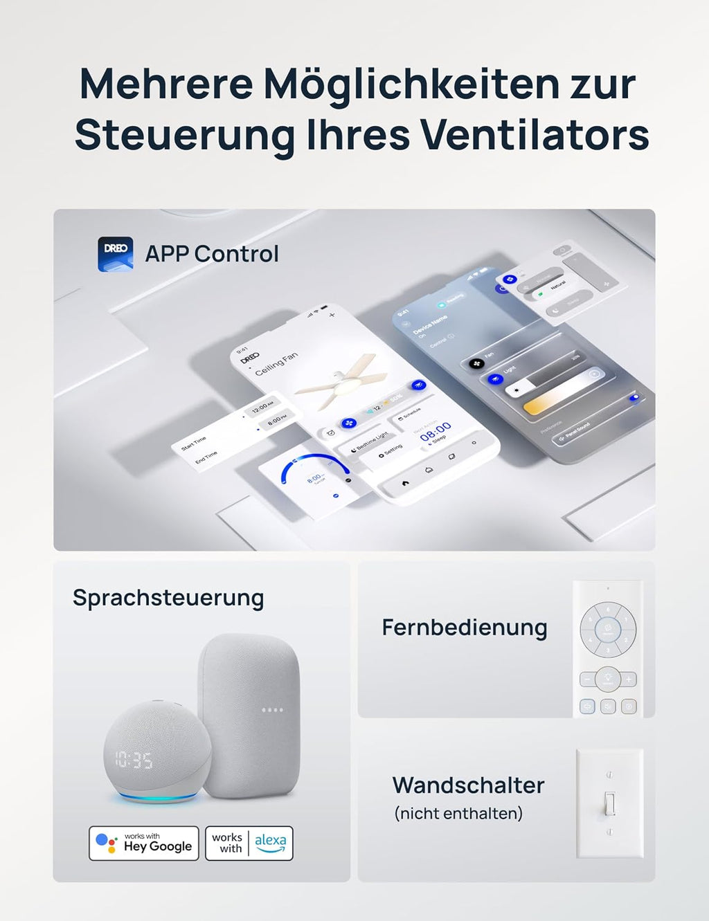 El ventilador de techo con luz DREO ofrece doce velocidades, tres modos y un motor de corriente continua silencioso. Montaje sencillo, LED regulable, mando a distancia y temporizador de 12 horas en color blanco.