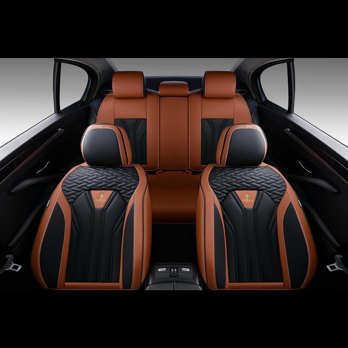 Fundas de asiento trasero FLORICH, fundas de asiento de coche de piel, protector de asiento trasero impermeable, cojín de asiento universal para la mayoría de coches, camionetas y SUV - Marrón y negro