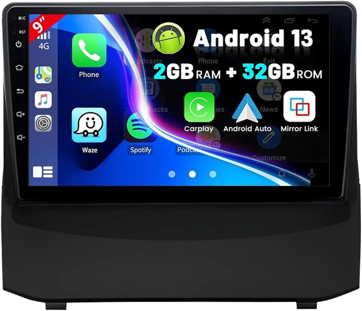 Autorradio Android 13 de 9" con navegación, 2 GB + 32 GB, para Ford Fiesta MK6 2008-2016, compatible con CarPlay inalámbrico y Android Auto, WiFi, Bluetooth 4.0, GPS, DSP, USB