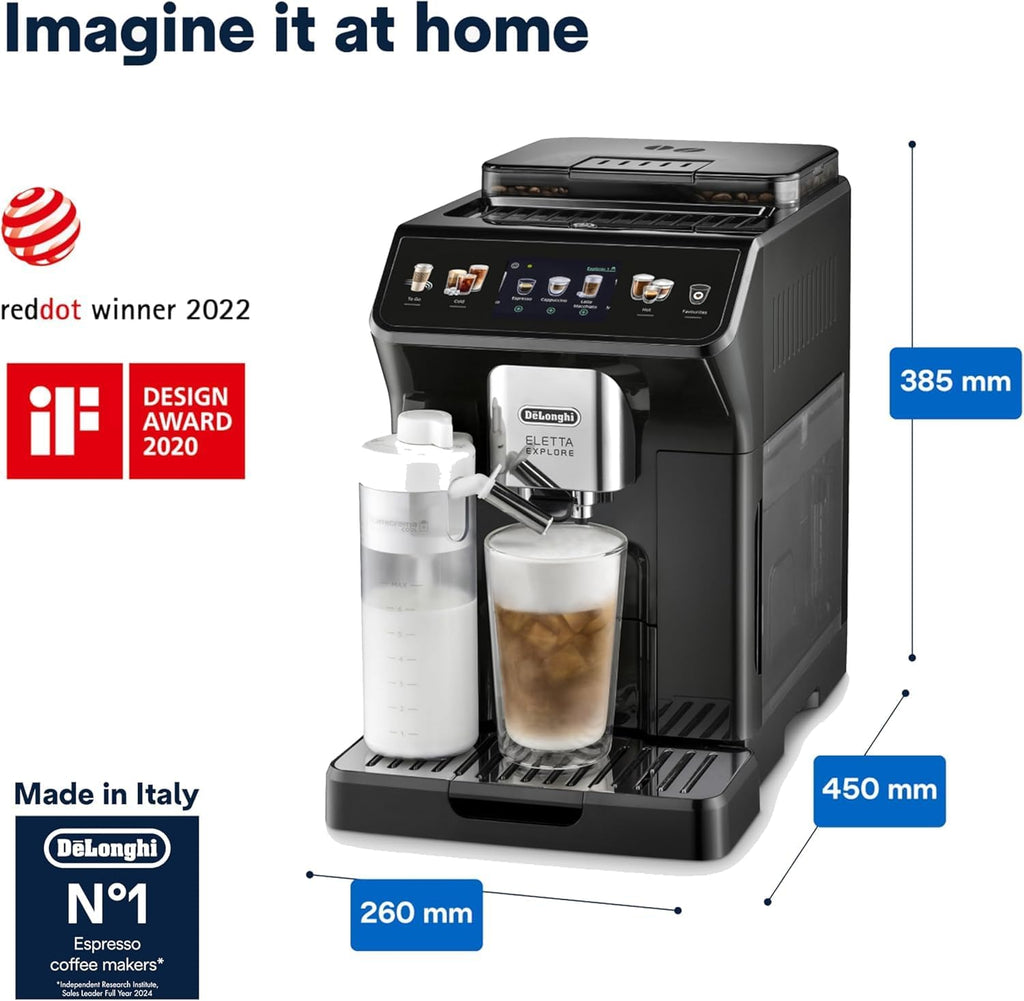 De'Longhi Eletta Explore Cold Brew ECAM450.65.G, cafetera barista con LatteCrema Hot & Cold, máquina de espresso, cafetera superautomática, extracción en frío, pantalla táctil, gris