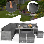 Conjunto de muebles de comedor para patio de 7 piezas de ratán con sofá seccional, mesa de comedor, otomanas y cojines
