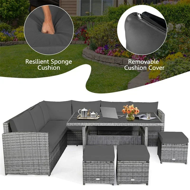 Conjunto de muebles de comedor para patio de 7 piezas de ratán con sofá seccional, mesa de comedor, otomanas y cojines