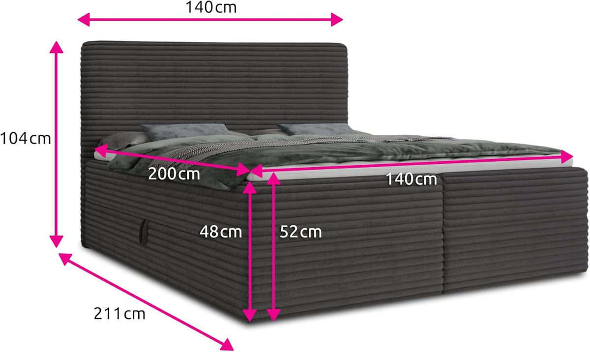 Cama boxspring Sofnet Mollo con 2 cajones, cama doble con colchón Bonell y topper, cama tapizada en suave tela de pana, cama, estructura de cama para dormitorio (beige (Tilia 03), 140 x 200 cm)