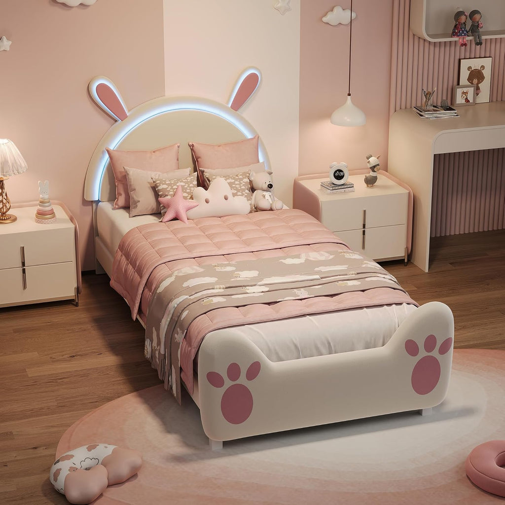 Cama tapizada infantil 90x200 con iluminación LED, estructura de cama individual con somier, cama de princesa para niña con cabecero en forma de conejo para dormitorio, tela de terciopelo, blanco (Blanco-C, 90x200 cm)