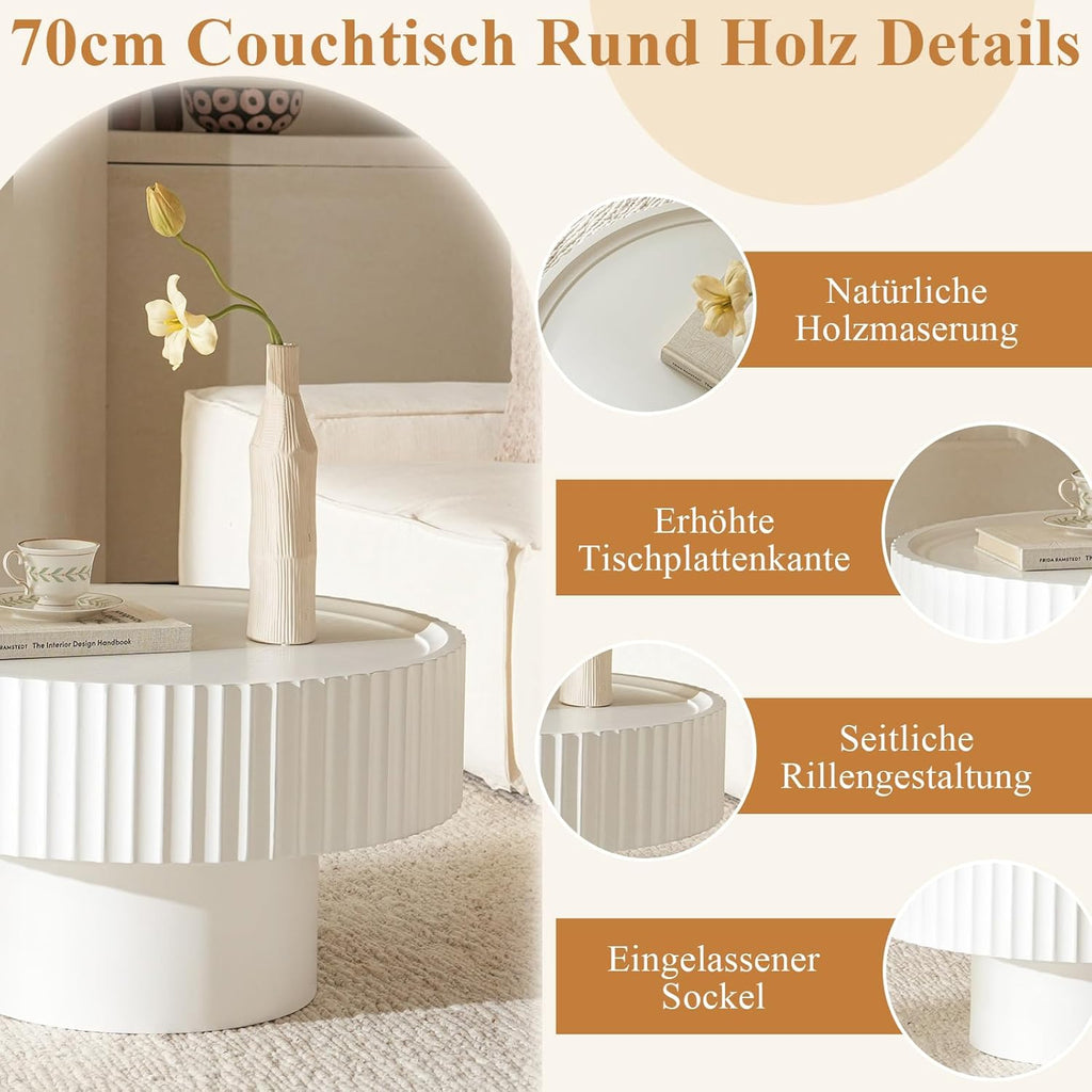Mesa de centro redonda de madera, mesa de salón redonda con diseño acanalado, mesa de café en forma de seta de φ70×38 cm, mesa de centro redonda blanca de madera de pino para salón, habitación y balcón