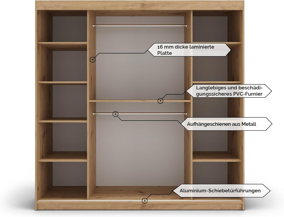 MEBLE KRYSPOL Armario con puertas correderas Verona 1 de 180 cm, armario con barra para colgar ropa y estante, armario para dormitorio o sala de estar, puertas correderas, diseño moderno (cajones: 0, negro + blanco)
