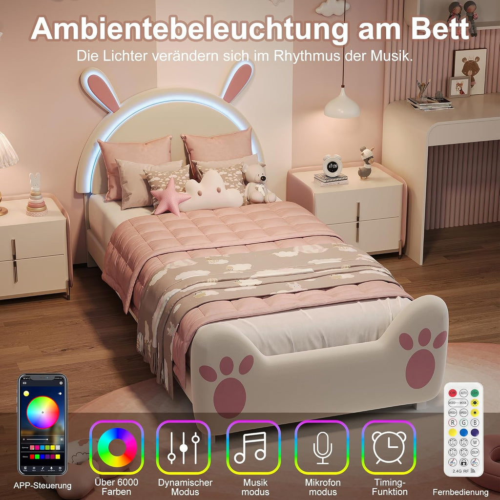 Cama tapizada infantil 90x200 con iluminación LED, estructura de cama individual con somier, cama de princesa para niña con cabecero en forma de conejo para dormitorio, tela de terciopelo, blanco (Blanco-C, 90x200 cm)