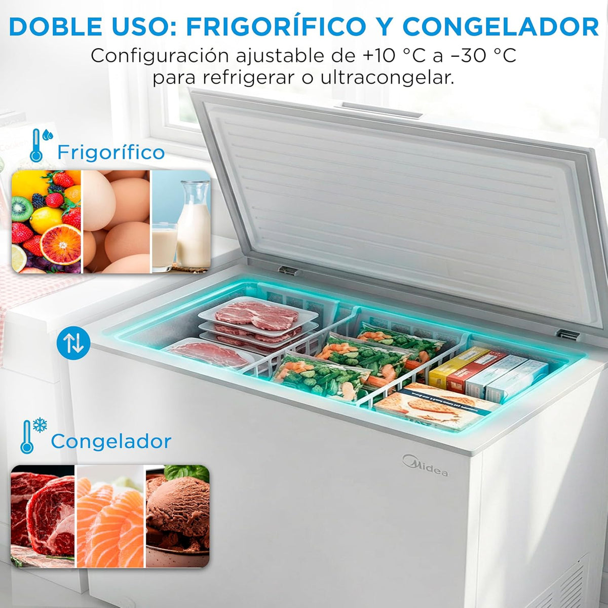 Congelador Arcón MIDEA de 293L | Congelador Horizontal Convertible a Frigorífico con Motor Inverter, Control Electrónico de Temperatura, Cestas con Asa | Arcón Silencioso 41 dB de Bajo Consumo