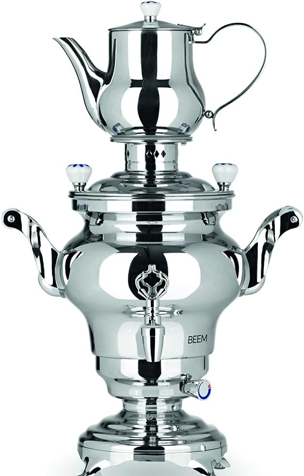 BEEM 06127 Samowar Odessa III, Edelstahl, 3 Liter, traditionelle Teezubereitung, 2 Heizspiralen, energiesparend, 53 x 34 x 25 cm, Silber