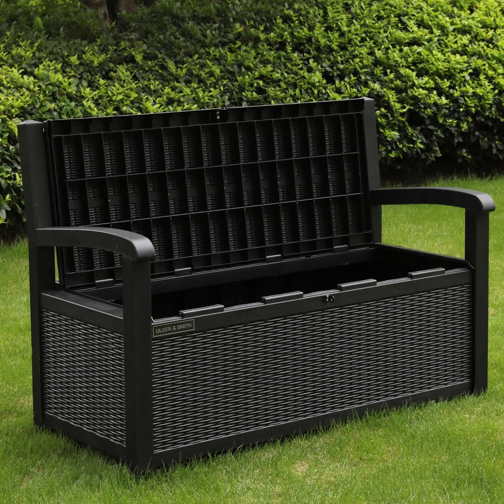 Banco de jardín con almacenamiento Olsen & Smith de 265 litros, resistente a la intemperie, arcón con cerradura, caja de almacenamiento para cojines, plástico impermeable, para herramientas, juguetes, mantas y más, negro