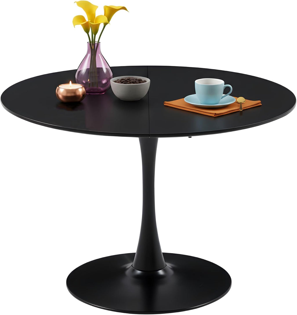 Mesa de comedor redonda de 110 cm, mesa de comedor redonda moderna negra, mesa de cocina para 4-6 personas, mesa de comedor de madera con estructura de metal, mesa redonda para cocina, comedor, salón y balcón, negro
