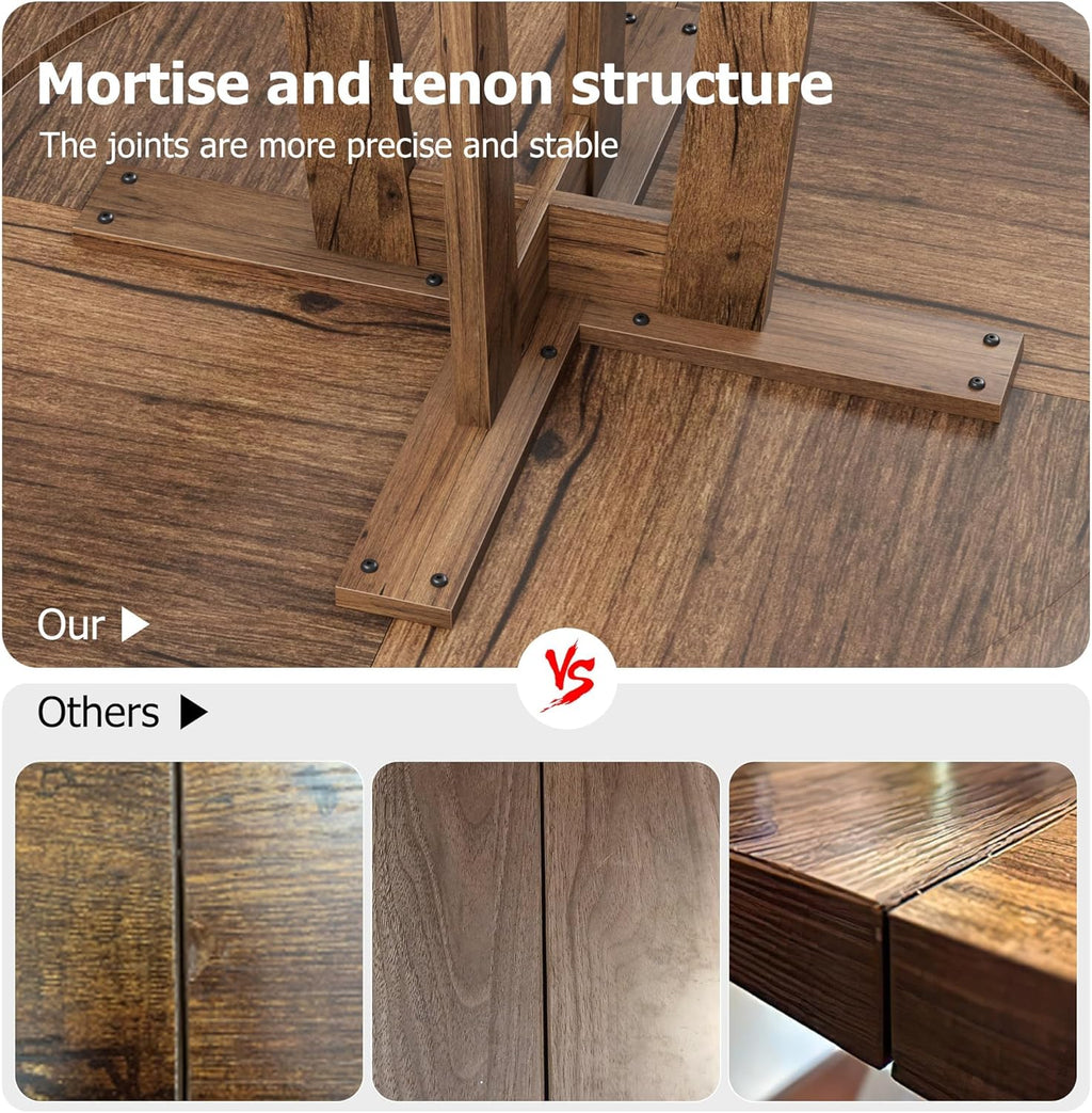 Mesa de comedor redonda para 4-6 personas, mesa de cocina con marco de madera resistente, mesa de comedor que ahorra espacio en diseño industrial, circular, mesas de comedor para café, hogar, cocina, sala de estar (solo mesa), color nogal