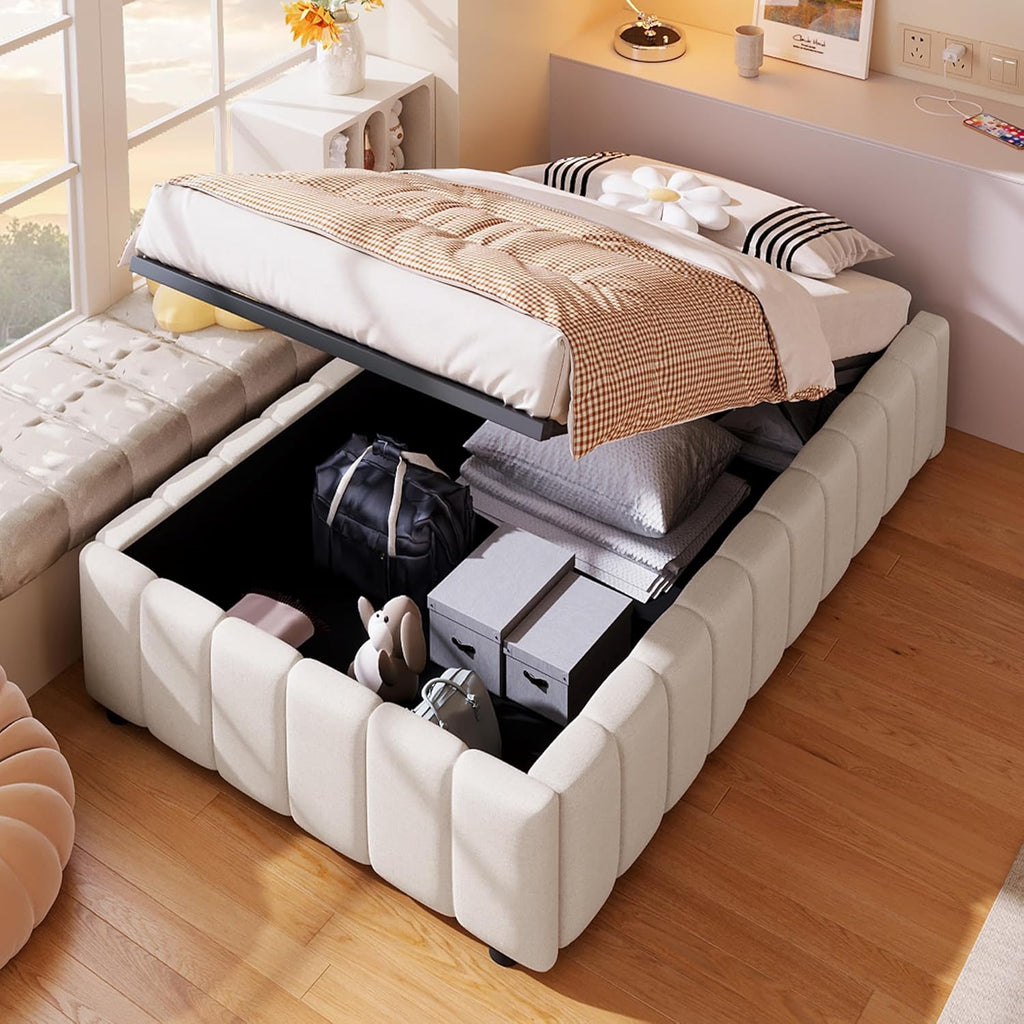 Cama tapizada 90x200, cama individual con espacio de almacenamiento y somier, sin cabecero, marco de cama con arcón hidráulico, cama con almacenaje hidráulico, estructura de cama, cama juvenil, lino, sin colchón, beige