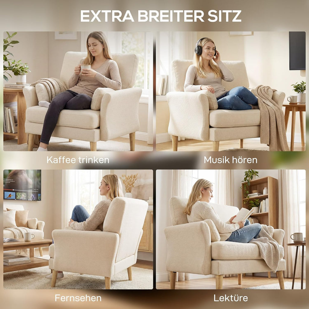 HOMCOM Sillón lounge con asiento de 83 cm, reposabrazos, sillón tapizado con cojín, aspecto de terciopelo, acolchado grueso, sillón relax con patas de madera para salón, dormitorio, crema