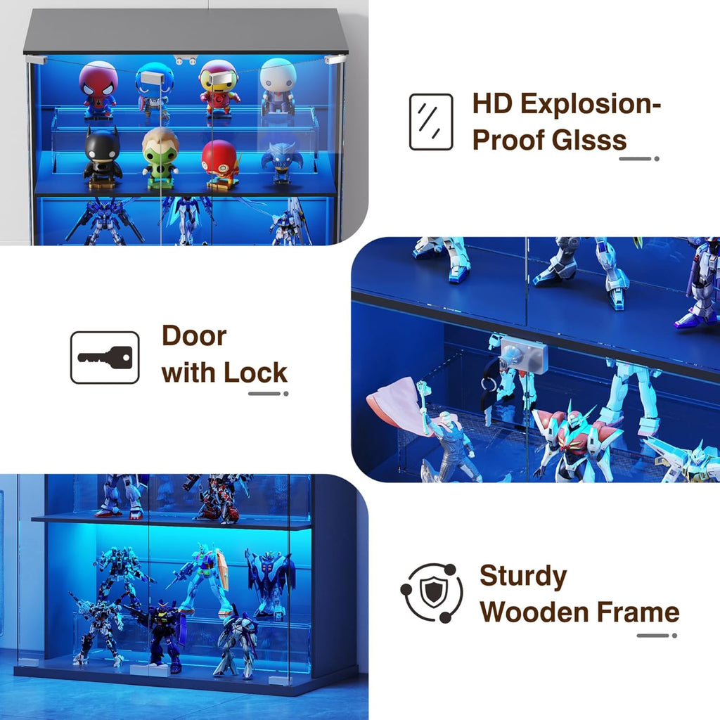 Vitrina Lvifur con iluminación LED y puertas de cristal para coleccionables, vino, 35×70×168 cm, vitrina de cristal de 4 niveles, mueble vitrina con sensores inteligentes para sala de estar y dormitorio, negro