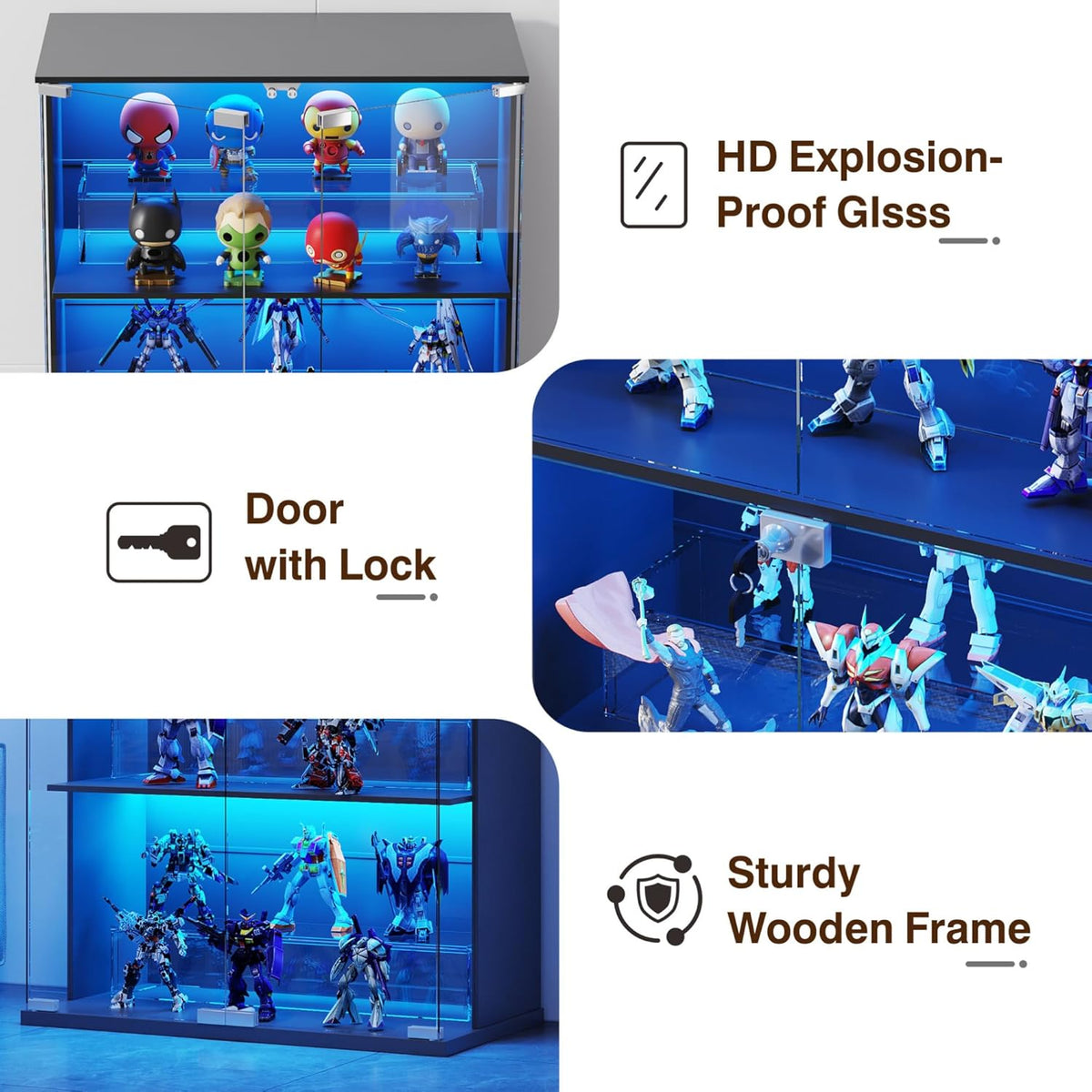 Vitrina Lvifur con iluminación LED y puertas de cristal para coleccionables, vino, 35×70×168 cm, vitrina de cristal de 4 niveles, mueble vitrina con sensores inteligentes para sala de estar y dormitorio, negro