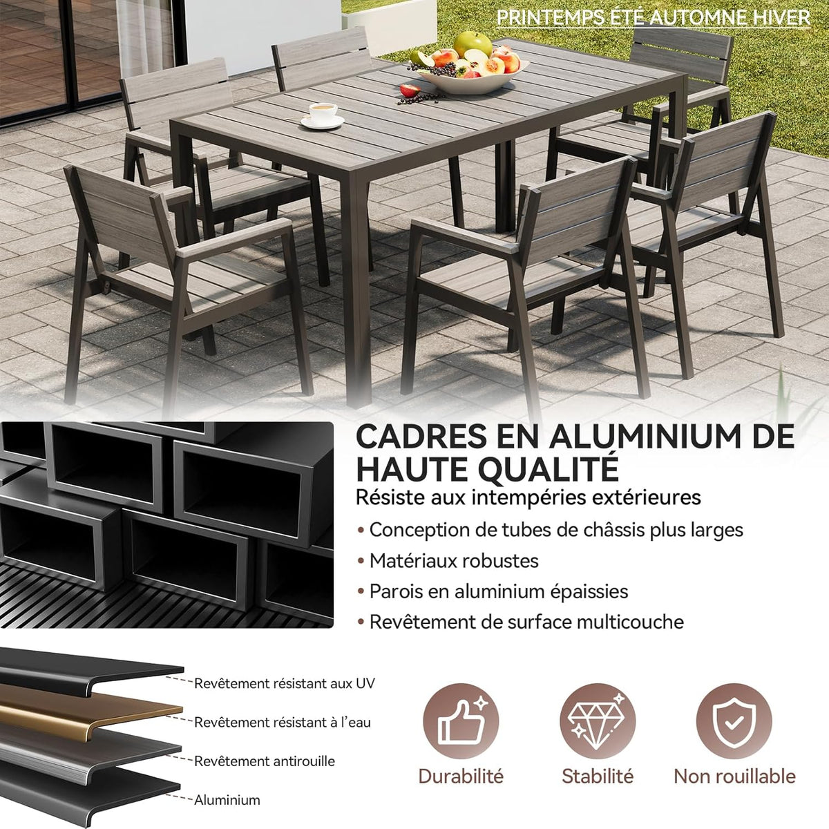 Devoko HDPS Conjunto de jardín de exterior de 7 piezas, resistente a la intemperie, con mesa de 150 cm y 6 sillas de jardín de exterior de aluminio, acabado imitación madera y fácil mantenimiento (gris)