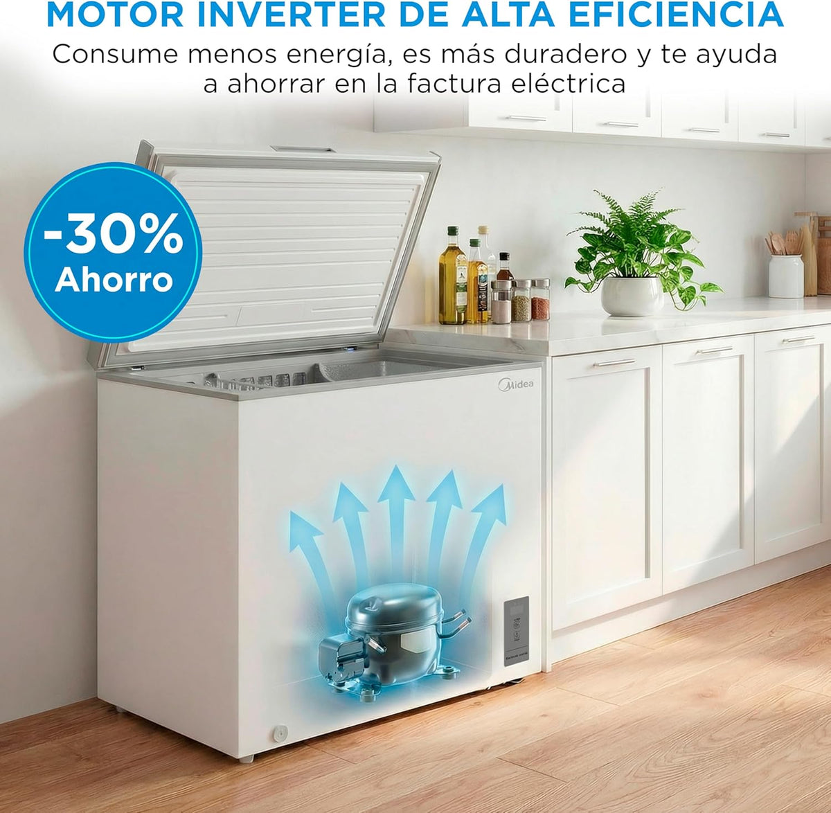 Congelador Arcón MIDEA de 293L | Congelador Horizontal Convertible a Frigorífico con Motor Inverter, Control Electrónico de Temperatura, Cestas con Asa | Arcón Silencioso 41 dB de Bajo Consumo