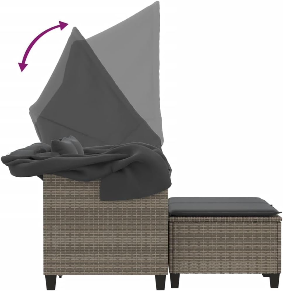 vidaXL Sofá de jardín de 2 plazas con techo y reposapiés, sofá de exterior, muebles de jardín, set de salón para patio, muebles de terraza biplaza, polirratán gris