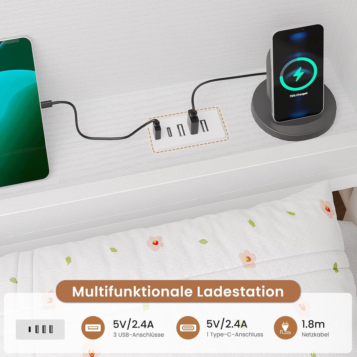 AOGLLATI Bett 90x200 mit Stauraum Schlafsofa mit Integriertem Bücherregal & 6 Schubladen,Jugendbett mit LED-Beleuchtung & Ladestation Gästebett Tagesbett Bettgestell mit Lattenrost(Weiß, 90x200cm)