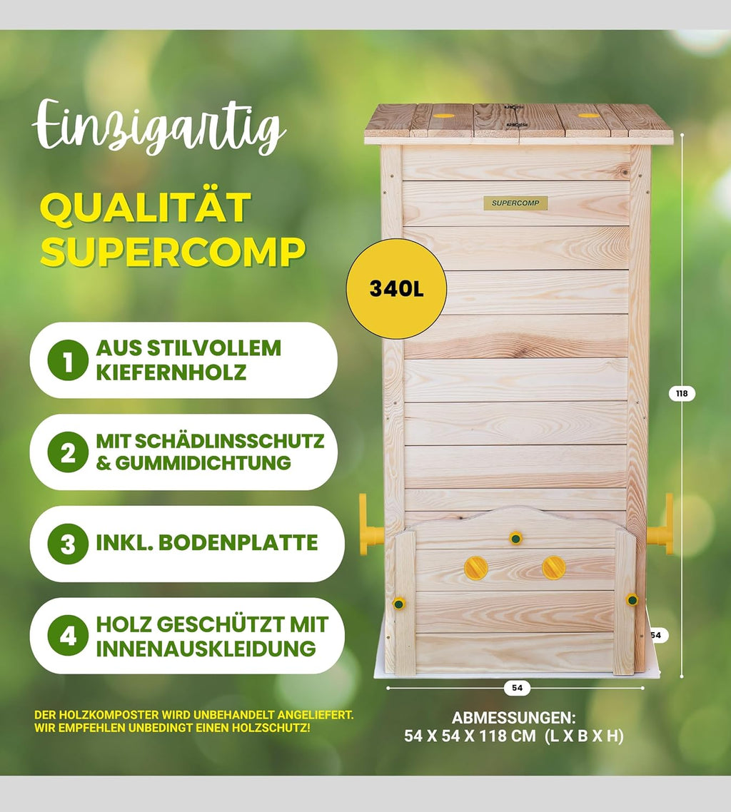 Compostador de madera a prueba de ratas con tapa, protección contra plagas, rejilla de ventilación y base, técnica de deslizamiento para compostar sin malos olores, sin necesidad de volteo, 340 L