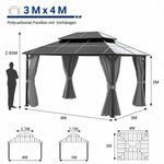 UDPATIO 3x4 m Pavillon Polycarbonat Doppeldach mit Vorhängen,Wetterbeständige Legierungen-Gartenpavillon wasserdicht stabil Winterfest UV-Schutz 6x6 cm starken Pfosten für Garten, Terrasse, Grau