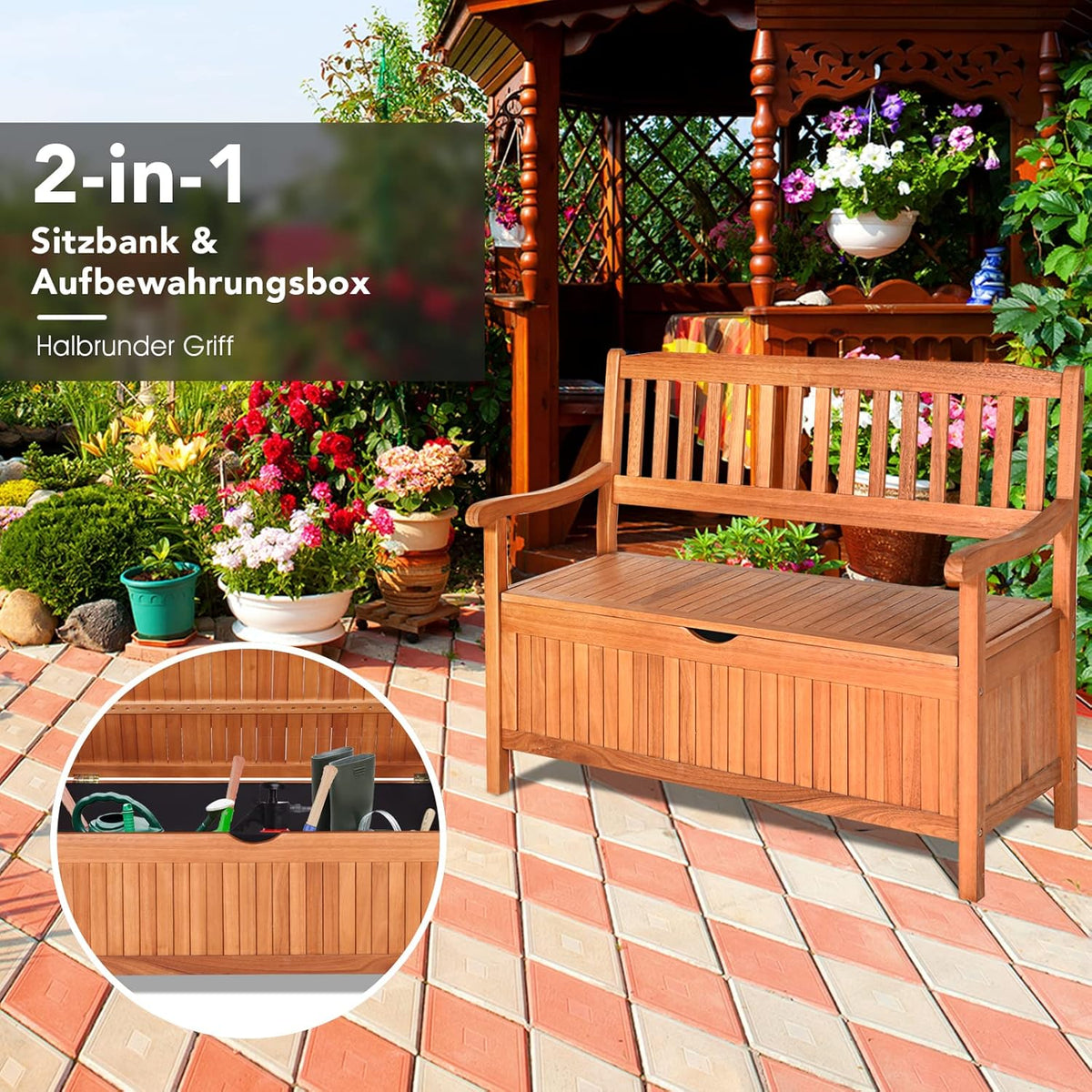 GOPLUS Gartenbank mit Stauraum, Sitzbank aus Akazienholz für 2 Personen, Truhenbank mit Rücklehne & Armlehne, Holzbank für Garten Terrasse Outdoor, mit Aufbewahrungsbox, belastbar bis 360kg