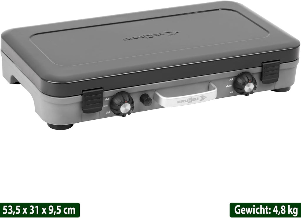 BRUNNER: Hornillo de camping de mesa 2 en 1 de 2 fuegos de acero inoxidable, parrilla de gas y hornillo de gas - POWERKOOK 50mbar con 1 cacerola + 1 plancha para asar, con regulador de gas y manguera de  gas