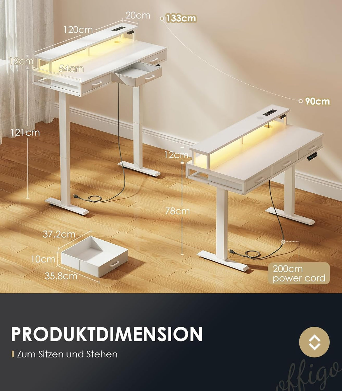 OffiGo Elektrischer Schreibtisch mit Schubladen, 120cm Höhenverstellbarer Schreibtisch mit Monitorständer, Standing Desk mit Steckdosen und Lichtleiste, Tisch Höhenverstellbar Bürotisch, Weiß