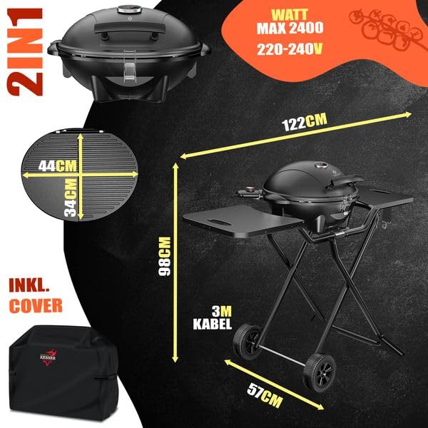 KESSER Parrilla eléctrica 2 en 1 de sobremesa y con soporte, 2400 W, termostato, revestimiento antiadherente, para interior y exterior