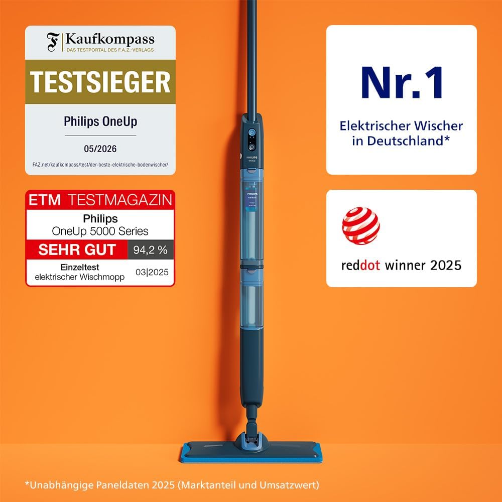Philips OneUp 5000 Serie Elektrischer Wischmopp - 2X sauberere Böden², 2X schnelleres Wischen, Zwei Feuchtigkeitseinstellungen für Harte & empfindliche Böden, Kabellos mit 360° Drehgelenk (XV5113/01)