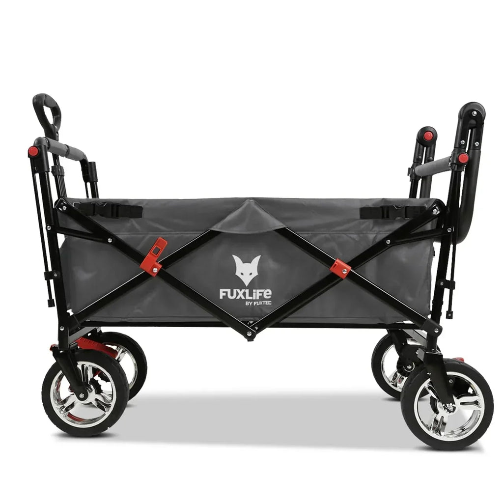 Carrito de mano plegable y compacto Fuxtec FX-CT700 gris, con frenos, asiento acolchado, mango ajustable en altura, para excursiones