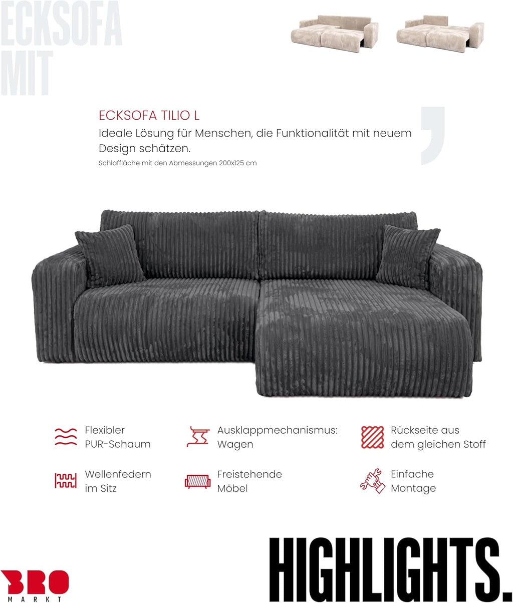 Sofá esquinero BROMARKT con función cama gris oscuro, sofá en forma de L de tela de pana con arcón, sofá cama para salón con espacio de almacenamiento, sofá esquinero de 3 plazas, conjunto de salón 244x148x82 cm TILIO