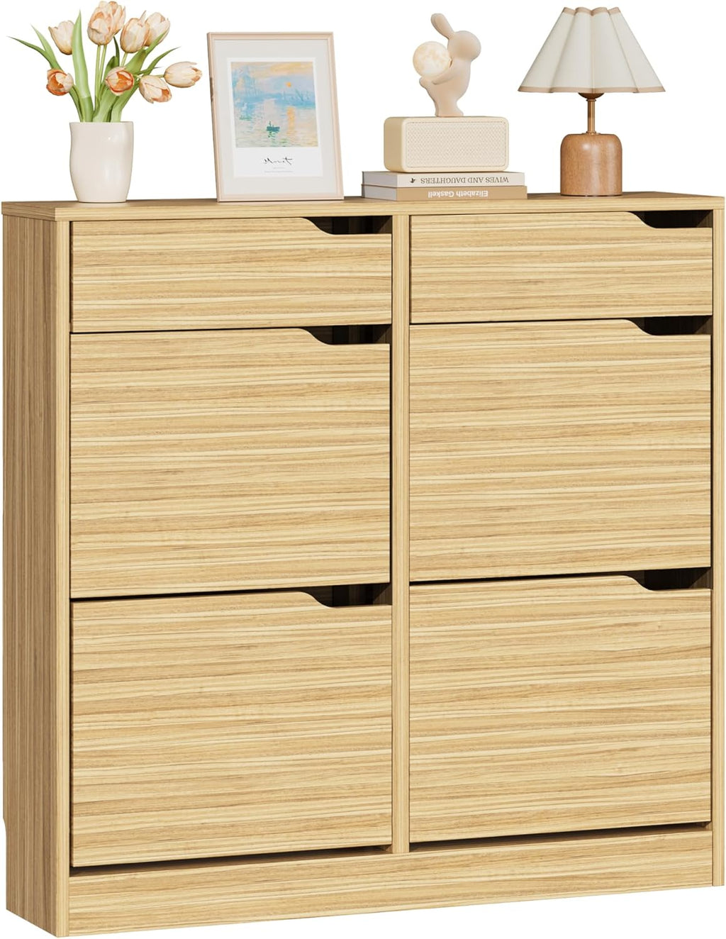 Zapatero IRONCK con 4 puertas abatibles, mueble zapatero estrecho con 2 cajones, estante para zapatos independiente, zapatero tipo cómoda con divisores ajustables, armario zapatero para recibidor, entrada y salón (madera)