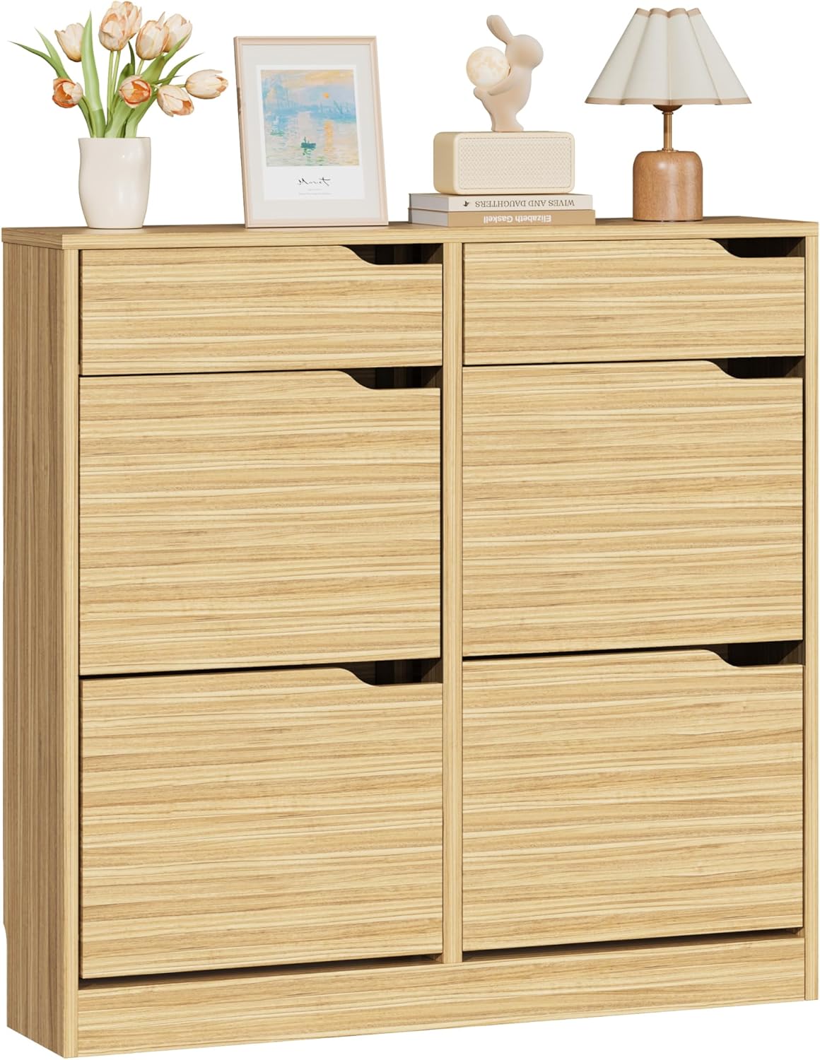 Zapatero IRONCK con 4 puertas abatibles, mueble zapatero estrecho con 2 cajones, estante para zapatos independiente, zapatero tipo cómoda con divisores ajustables, armario zapatero para recibidor, entrada y salón (madera)