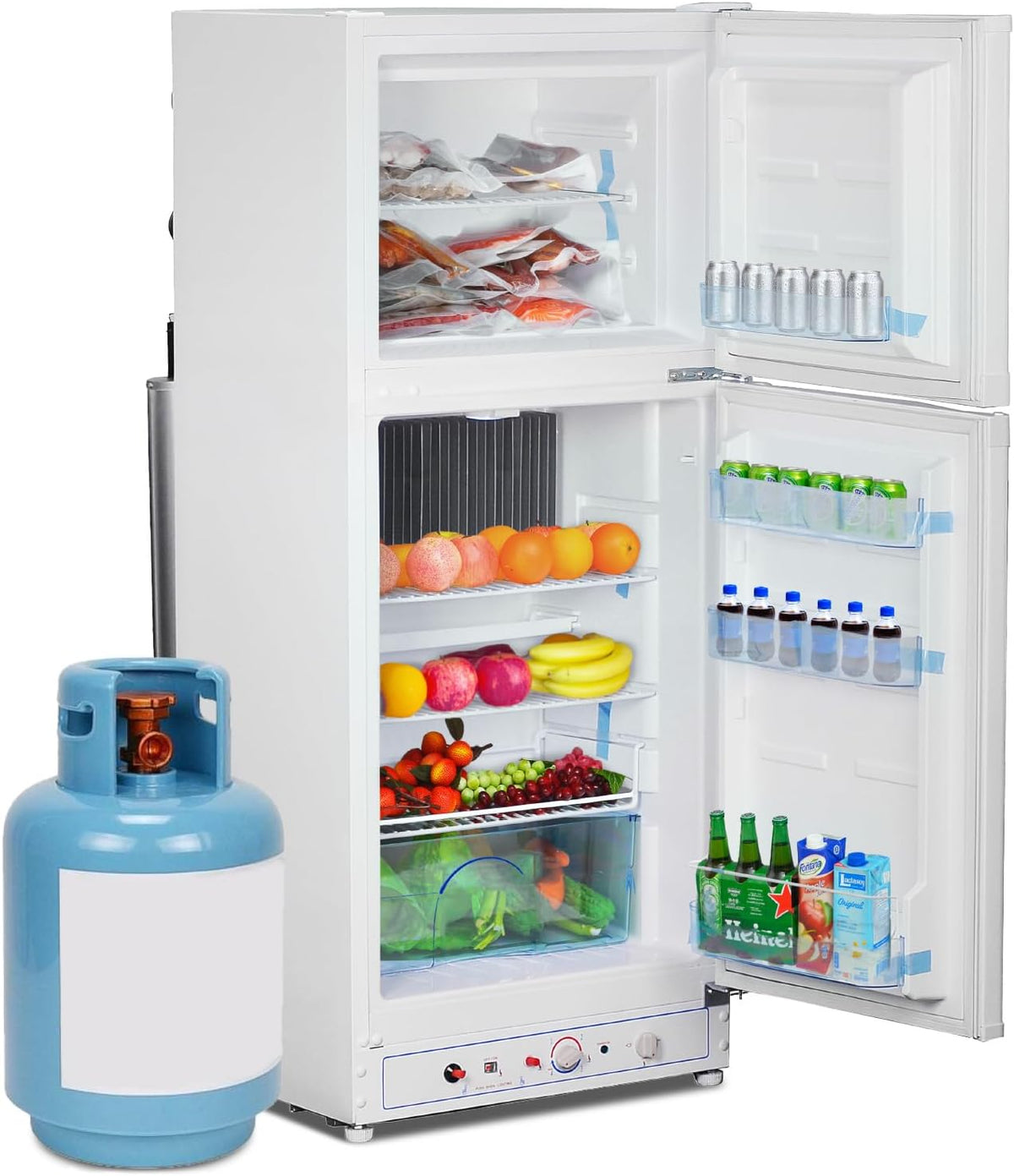 SMETA Gas Kühlschrank mit Gefrierfach, Gas/230V, Kühl-Gefrierkombination 175L, für Ferienhaus Gîte Garage Wohnwagen Wohnmobil, Weiß