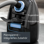Aspiradora con bolsa Siemens Q5.0 extreme silencePower VSQ5X1230, ideal para alérgicos, filtro higiénico, gran potencia de succión, cepillo para parquet, alfombras y azulejos, cable largo, 850 W, negro