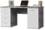Forte NET106 Schreibtisch 140 150, Schreibtisch mit 4 Schubladen und 1 Tür, Home Office, Büro, Computertisch, Holzwerkstoff, Betonoptik Lichtgrau / Weiß, 145 cm breit x 60 cm tief x 76,3 cm hoch