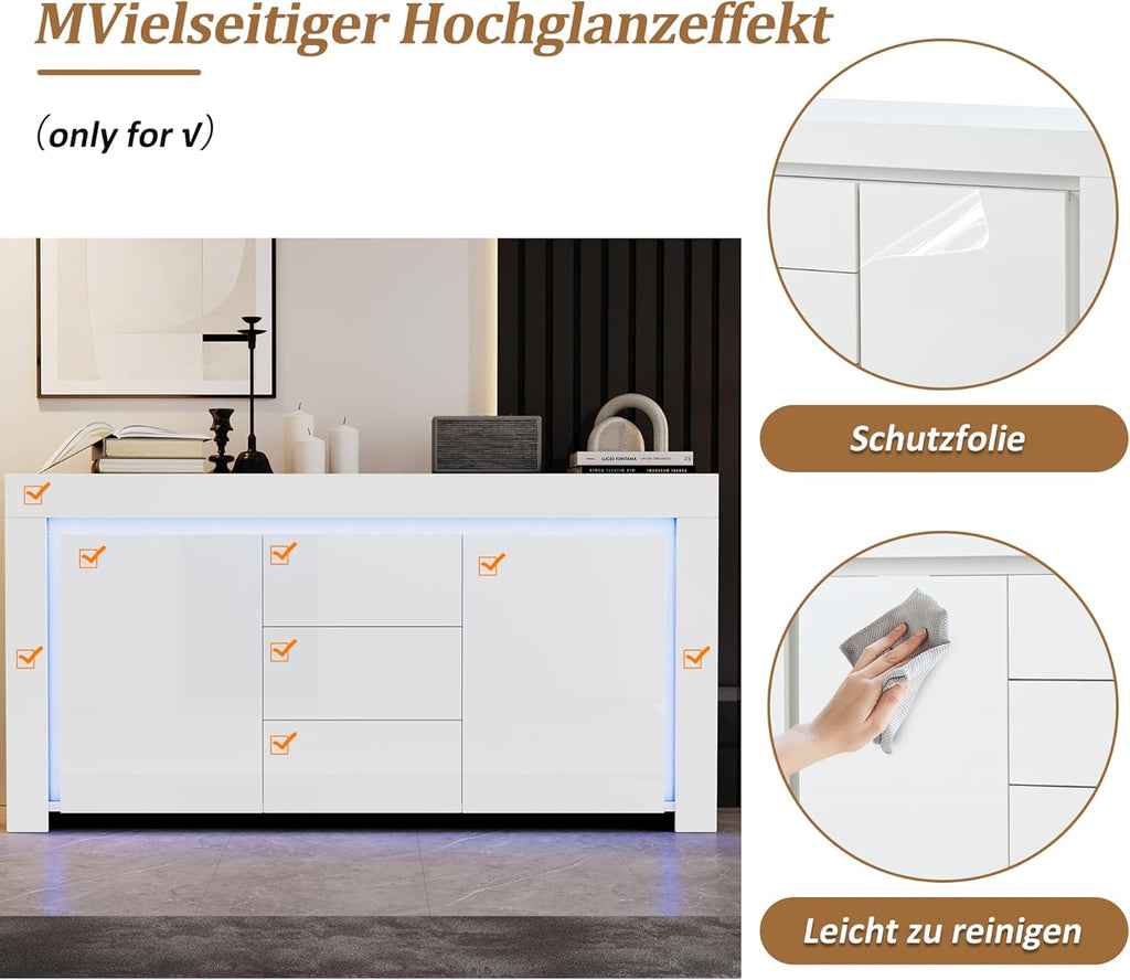 ModernLuxe LED Sideboard Hochglanz Wohnzimmer Beistellschrank 140x40x65cm,3 Schubladen & 2 Türen, Moderne Kommode mit Stauraum für Flur, Büro und Wohnzimmer, Weiß