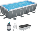 Set completo de piscina Bestway Power Steel Frame con sistema de filtro de arena, 488 x 244 x 122 cm, gris, rectangular