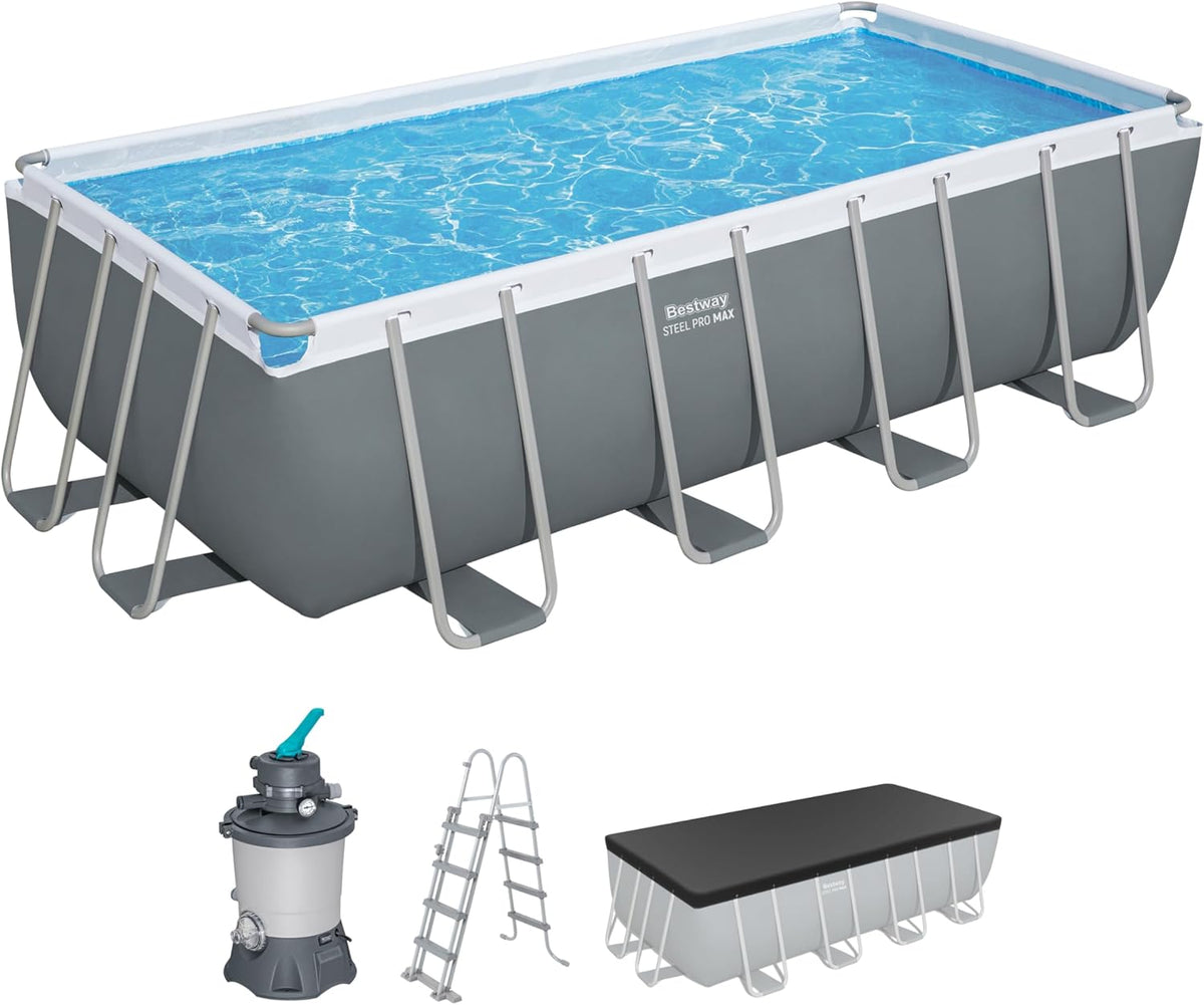 Set completo de piscina Bestway Power Steel Frame con sistema de filtro de arena, 488 x 244 x 122 cm, gris, rectangular