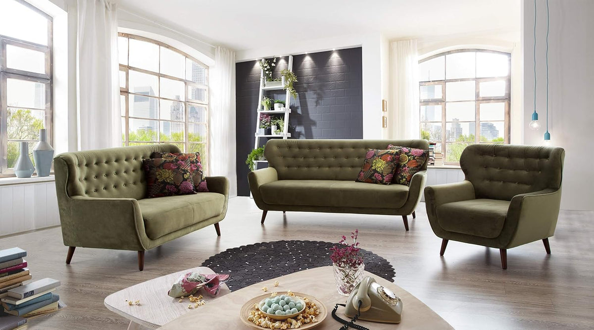 CAVADORE Sessel Abby / Retro-Polstersessel im Samt-Look mit Knopfverzierung / 87 x 89 x 88 / Samtoptik, grün