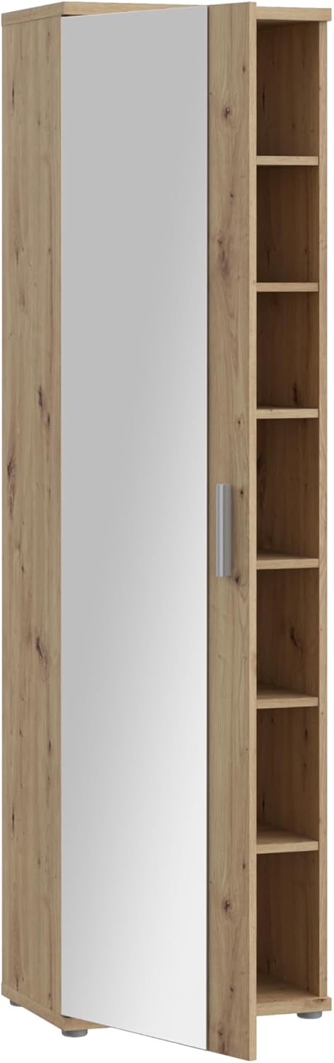 FORTE NET106 Armario 50, zapatero, armario ropero, trastero, armario de puertas batientes, 1 puerta con estantes, espejo, acabado de madera: roble artesano, 50 cm de ancho x 180 cm de alto x 35 cm de fondo